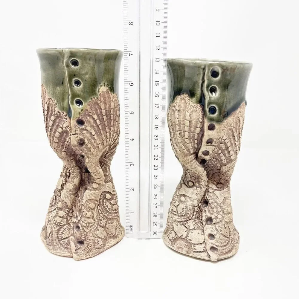 Hand Thrown Art Studio Pottery Decorative Goblet Mug Glaze Abstract Set of 2